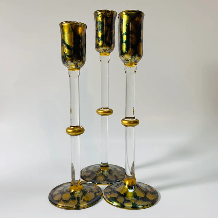 Long Stem Blown Glass Candle Holder - Tulip Gold & Teal- Tall