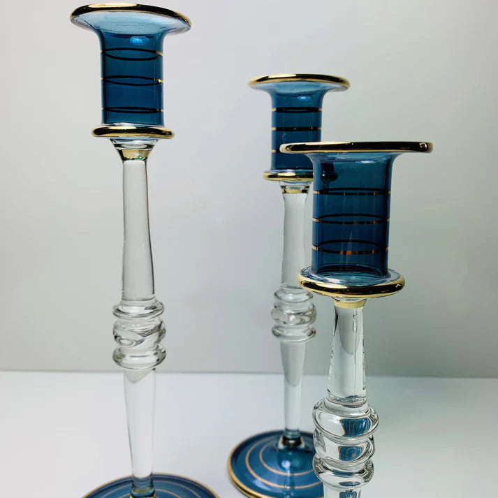 Long Stem Blown Glass Candle Holder - Blue- Short