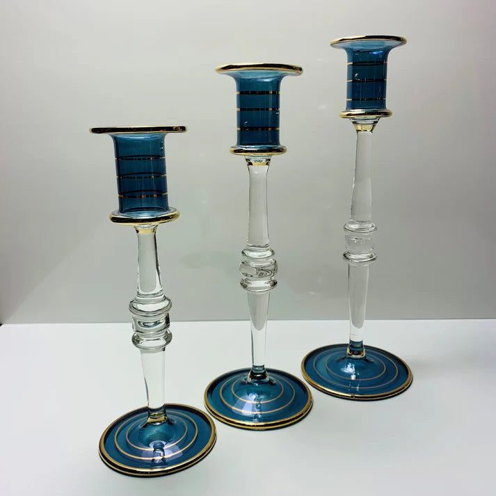 Long Stem Blown Glass Candle Holder - Blue- Short