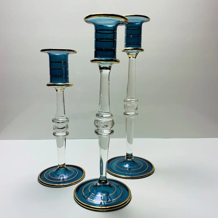 Long Stem Blown Glass Candle Holder- Blue-Medium