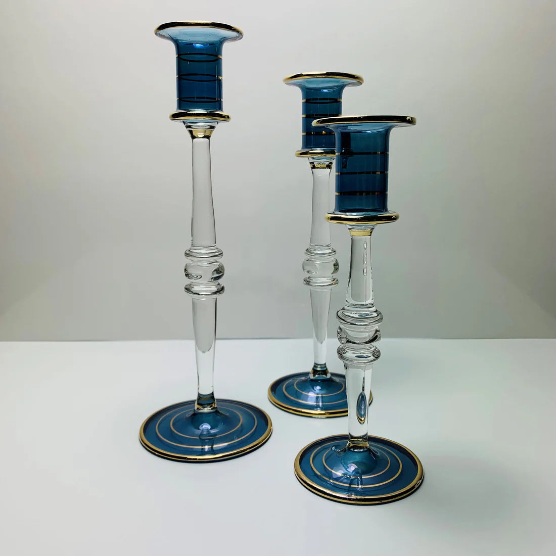 Long Stem Blown Glass Candle Holder - Blue- Short